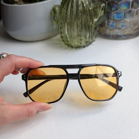 Retro Yellow Aviator Minimalist Festival Sunglasses Grunge Tinted Sunnies Shades - Picture 4 of 7